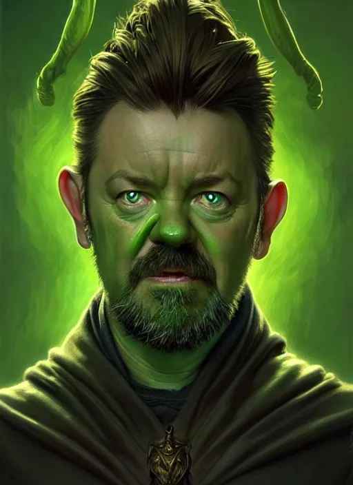 Image similar to portrait of ricky gervais as a goblin, d & d, muscular! green, fantasy, intricate, elegant, highly detailed, digital painting, artstation, concept art, smooth, sharp focus, illustration, art by artgerm and greg rutkowski and alphonse mucha