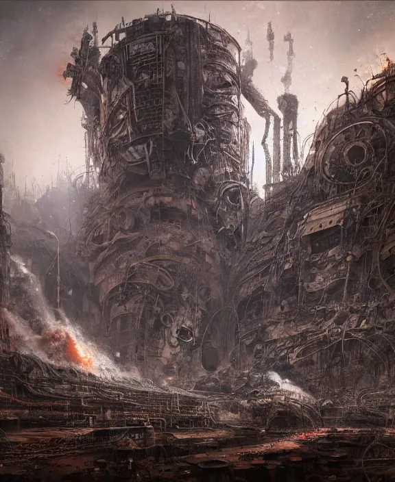 Prompt: a massive explosion decimating a steampunk bunker, by HR Giger and Beksiński and Stephan Martiniere , 4k resolution, detailed, trending on artstation