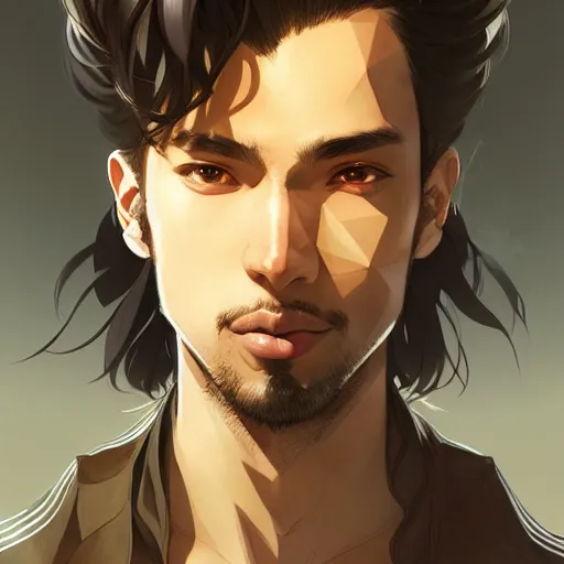 Prompt: Portrait of man with thick straight type hair and brown Peruvian-type skin, with angular face, atmospheric lighting, intricate detail, cgsociety, ambient light, dynamic lighting, anime style by Yusuke Kozaki