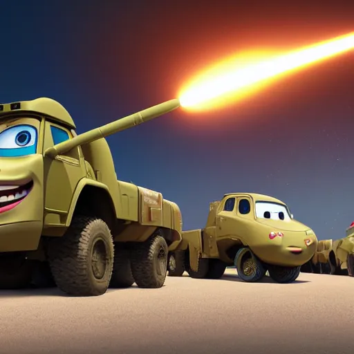 Image similar to HIMARS multiple rockets launch system, Pixar Cars character concept artwork, 3d concept, high detail iconic character, 8k octane render