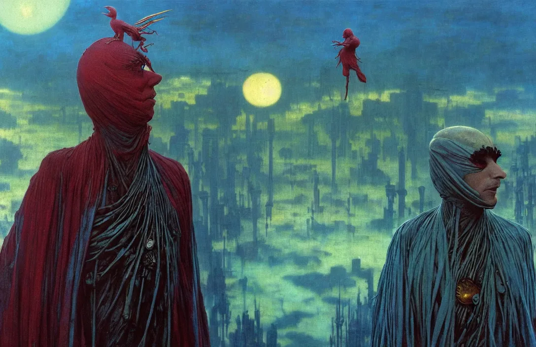 Image similar to extremely detailed portrait film shot of a birdman wearing dark ragged robes, scifi city sunrise landscape background by denis villeneuve, amano, yves tanguy, alphonse mucha, ernst haeckel, max ernst, roger dean, dramatic closeup composition, rich moody colours, blue eyes