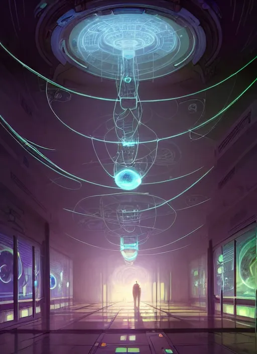 Prompt: high depth, collective civilization hospital, calm, healing, resting, life, hybrids, scifi, glowing lights!!, published concept art, mixed medias, image overlays, sharp focus, thin glowing wires, winning illustration, art by greg rutkowski and alphonse mucha, singularity!!!, 3 6 0 projection