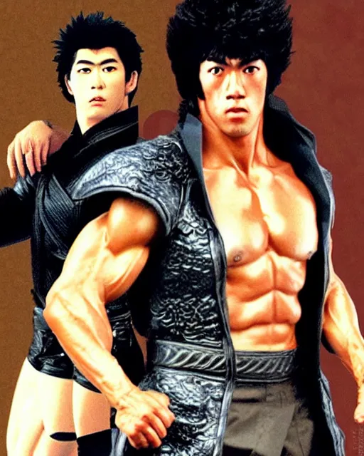 Prompt: Photograph of handsome muscular Japanese actor dressed as Kenshiro from fist of the North Star and as his evil brother Jagi who is wearing a face mask and body armor, photorealistic, photographed in the style of Annie Leibovitz
