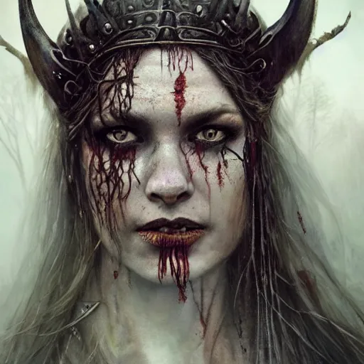 Image similar to Official photo of a majestic fierce viking woman, leader, ethereal, fear, scarred, highly detailed, viking attire, cinematic, 16k, 1080s, by Stanley Artgermm, Tom Bagshaw, Greg Rutkowski, Vincent di Fate, Carne Griffiths, Ayami Kojima, WLOP, trending on DeviantArt, hyper detailed, full of color, digital art,