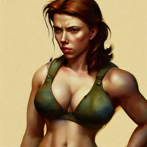 Prompt: greg manchess portrait of scarlett johansson as roided thick very muscular lara croft, fantasy, medium shot, asymmetrical, profile picture, organic painting, sunny day, matte painting, bold shapes, hard edges, street art, trending on artstation, by huang guangjian and gil elvgren and sachin teng