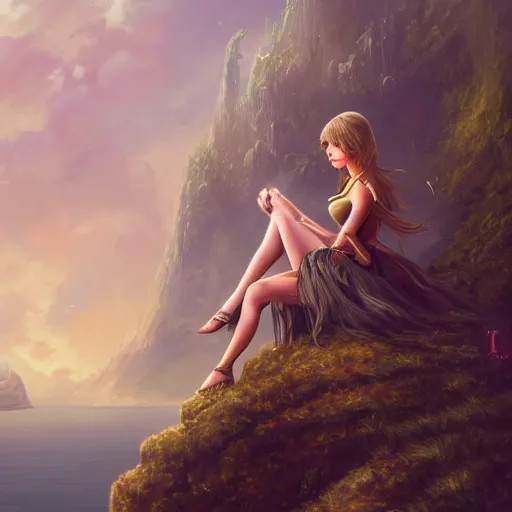 Prompt: alluring illustration taylor swift, sitting on the edge of a cliff, upclose pov, clothed in a chesty fantasy outfit, portrait shot, 8k resolution matte fantasy painting, cinematic lighting, DeviantArt, Artstation, Jason Felix Steve Argyle Tyler Jacobson Peter Mohrbacher
