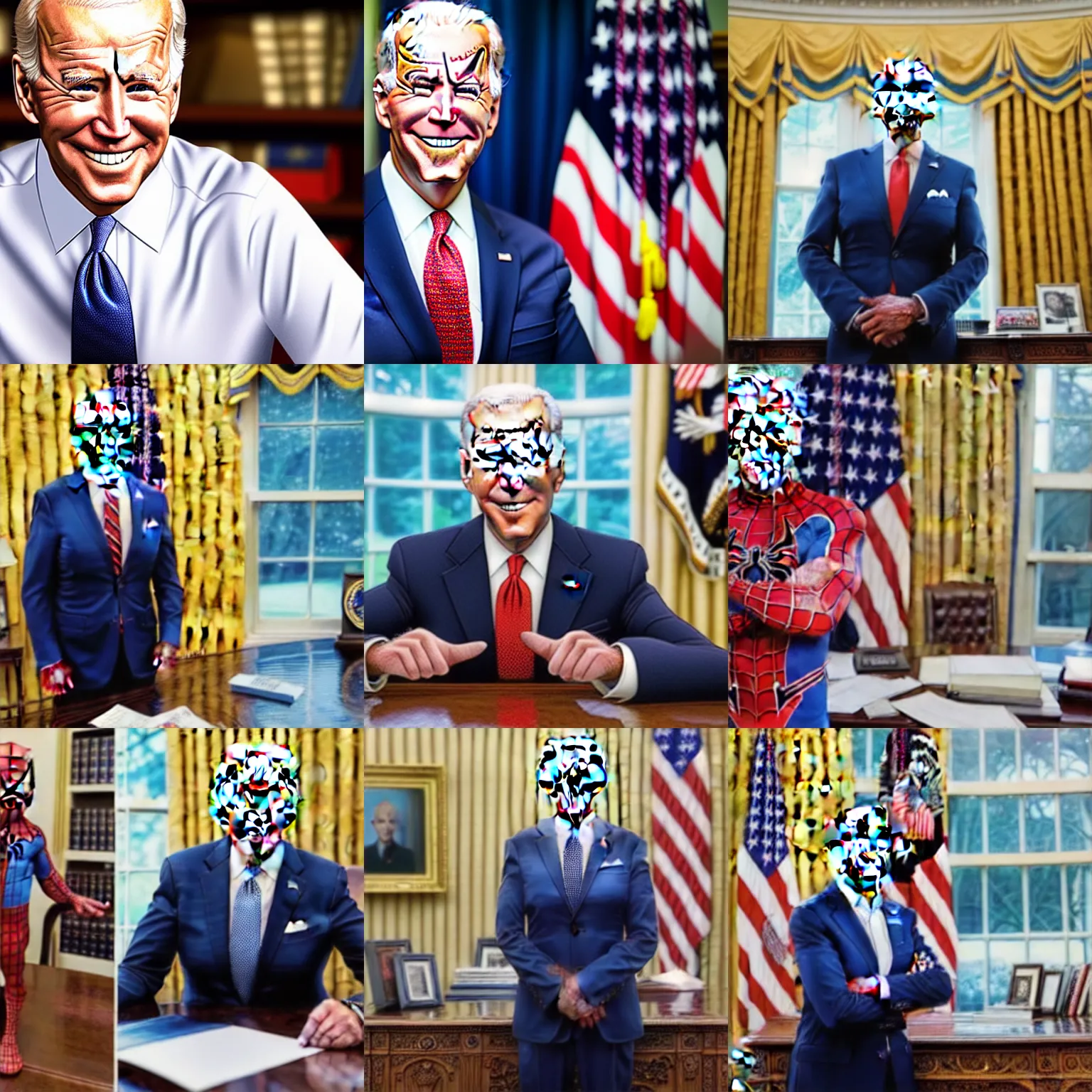 Image similar to professional head shot of joe biden wearing spiderman pajamas and standing in the oval office, very detailed, very intricate, detailed face,