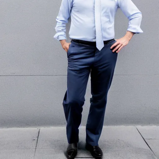 Prompt: color photograph of a balding middle aged hairy blue eyed white man dressed in a white shirt and grey pants and black dress shoes smiling at the camera with perfect teeth