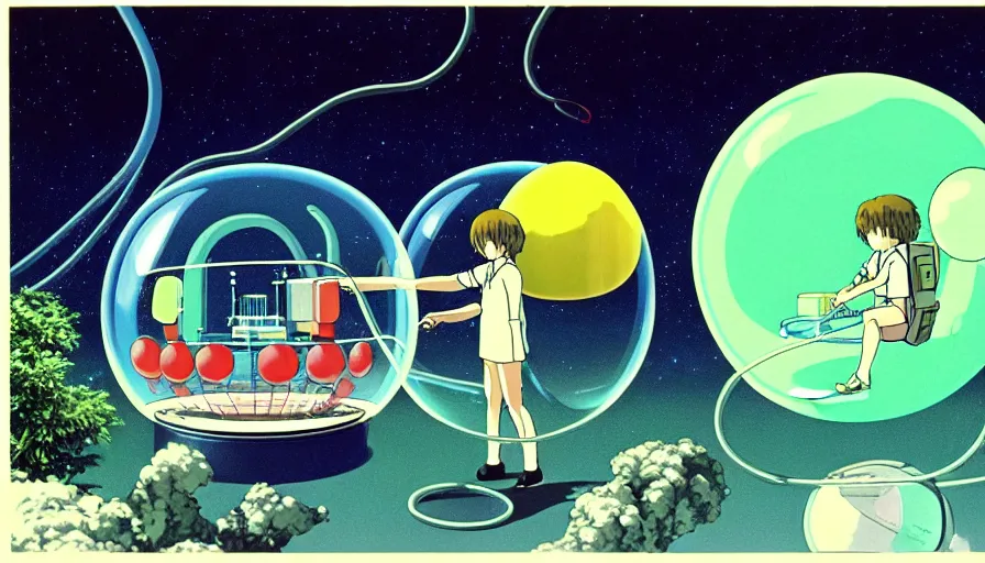 Image similar to hyperrealist studio ghibli dull colors from close encounters of the third kind 1 9 7 7 of a scientist rocketing through a snake bubble.