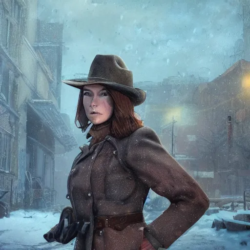 Image similar to fallout 5, charismatic beautiful, rugged, brunette female protagonist wearing a cowboy - hat, portrait, outdoors ruined cityscape, atmospheric lighting, painted, intricate, volumetric lighting, beautiful, daytime, harsh winter weather, sharp focus, deep colours, ultra detailed, by leesha hannigan, ross tran, thierry doizon, kai carpenter, ignacio fernandez rios