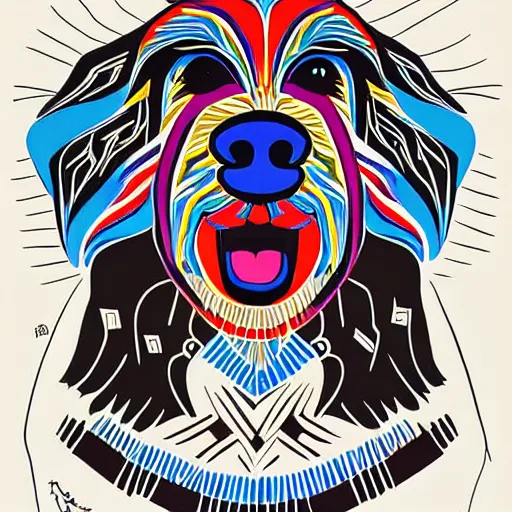 Image similar to tlingit haida lithographic, 3 / 4 portrait of havanese dog, simplified forms, multiple colors, print by tristan - wolf reg davidson clifton guthrie maynard johnny jr.