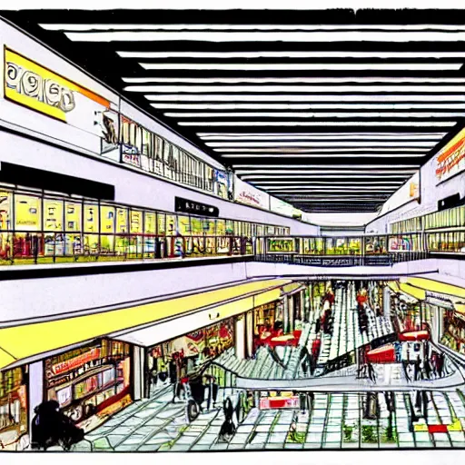 Prompt: illustration of a shopping mall from Stephen Biesty\'s Incredible Cross-Sections (1992)