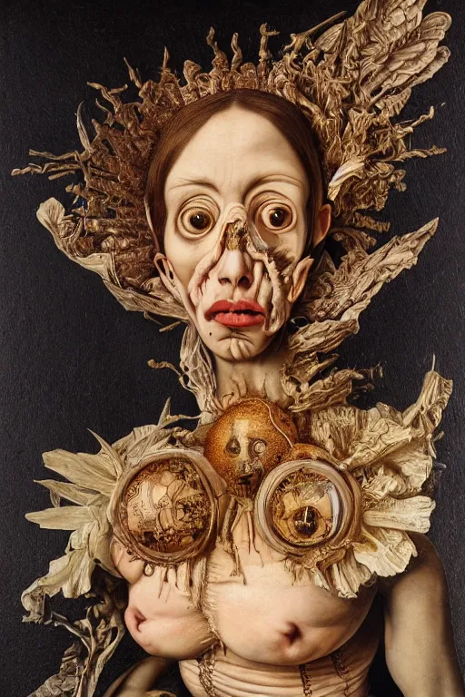 Image similar to Detailed maximalist portrait with large lips and with large wide eyes, surprised expression, surreal extra flesh and bones, HD mixed media, 3D collage, highly detailed and intricate, golden ratio, illustration in the style of Caravaggio, dark art, baroque
