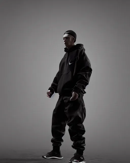 Image similar to Medium shot of Erolson Hugh wearing Nike ACG+Acronym P31-DS Pants in the style of greg rutkowski