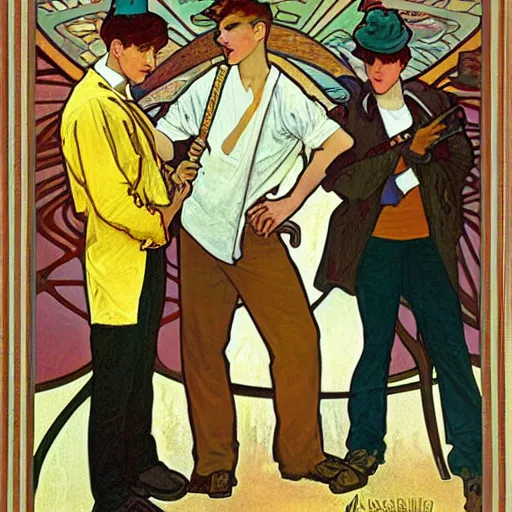 Image similar to a painting of three male teenagers with rockabilly attire holding yellow popsicle and looking at women in the streets by alphonse mucha