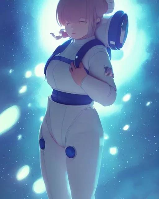 Image similar to a cute thicc astronaut alien girl, floating through empty space, backlit, epic photo ， by makoto shinkai an krenz cushart