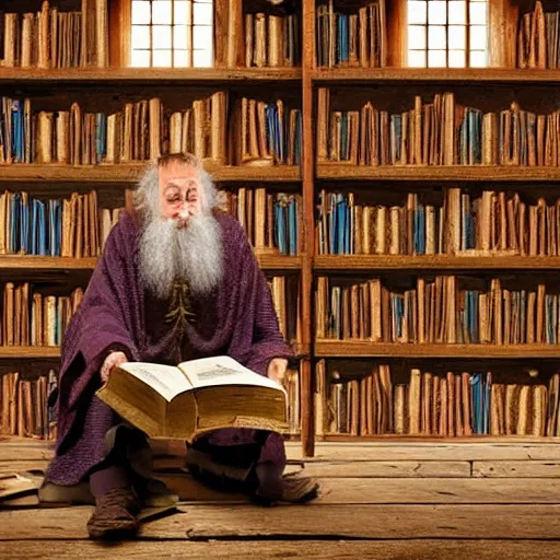 A Wizard Reading A Tome In A Comfy Rustic Enchanted 