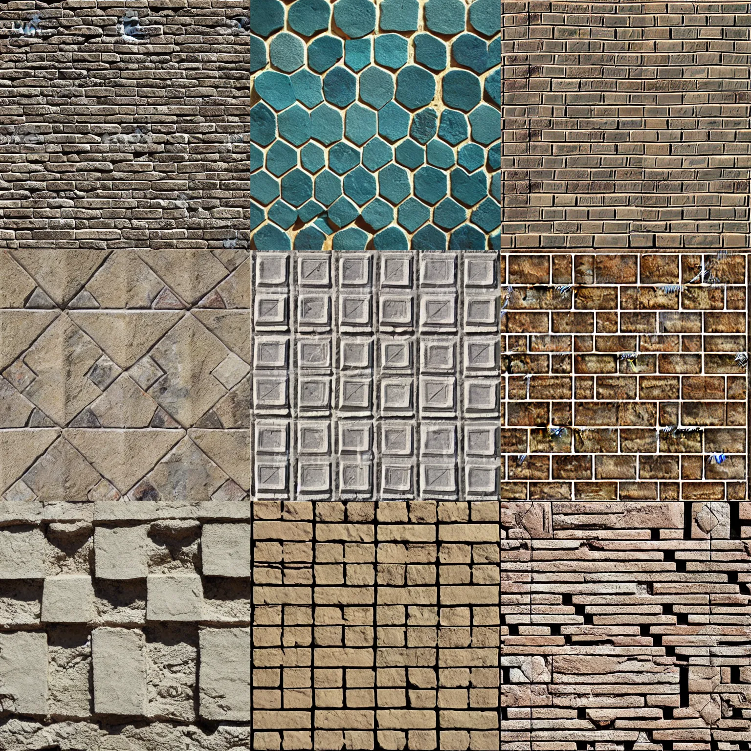 Prompt: tessellation of a mayan stone brick wall tile