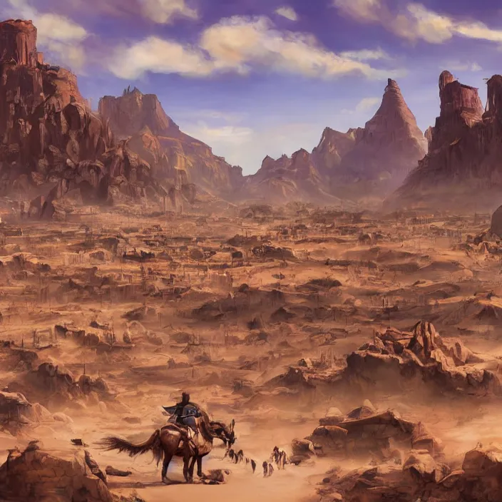 Image similar to populated old western style city bustling with people in the middle of a sandy flat desert with a single mountain on the very distant horizon. magic the gathering art, digital media