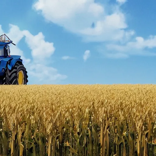 Image similar to a film still of transformers robots wearing a straw hat blue overalls in the corn field, chappie, farming, photorealistic, 8 k