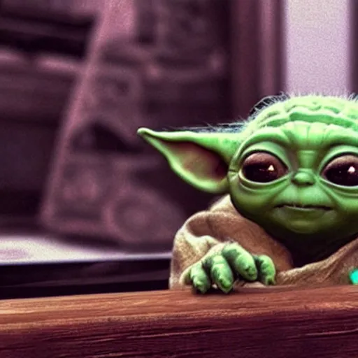 Image similar to real vintage photo, baby yoda playing the video game the legend of zelda, detailed, hyper realistic, 4 k octan render, unreal 5