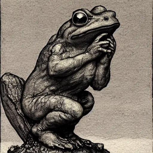 Prompt: toad philosopher toad in a pose The Thinker, in bog, by Auguste Rodin, illustrations by irish fairy tales james stephens arthur rackham, fairy tale illustrations, top cinematic lighting , cinematic mood, very detailed,