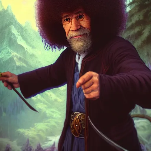 Prompt: a portrait of a Bob Ross as a warlock ,Grim fantasy, D&D, HDR, natural light, shoulder level shot, dynamic pose, award winning photograph, Mucha style 4k,