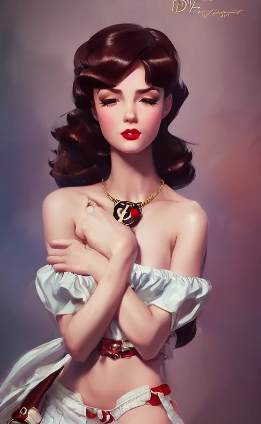 Prompt: a gorgeous pin up and beautiful fashion charming dreamlke italian girl with lv jewelry, character art, art by artgerm lau and wlop and and ilya kuvshinov and john singer sargent, hyperdetailed, 8 k realistic, symmetrical, frostbite 3 engine, cryengine, dof, trending on artstation, digital art