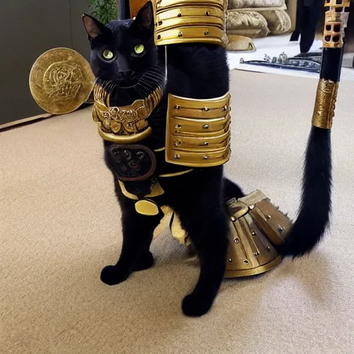 Image similar to a cat wearing realistic complete samurai armor, golden armaments,