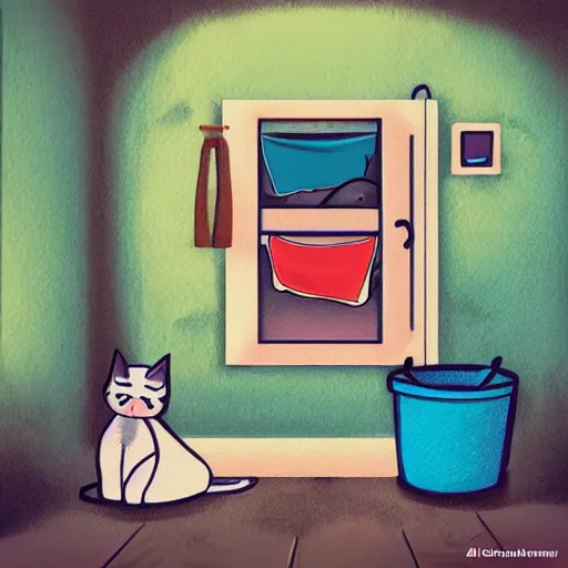 Image similar to story book illustration of laundry made from cat, art station trending.