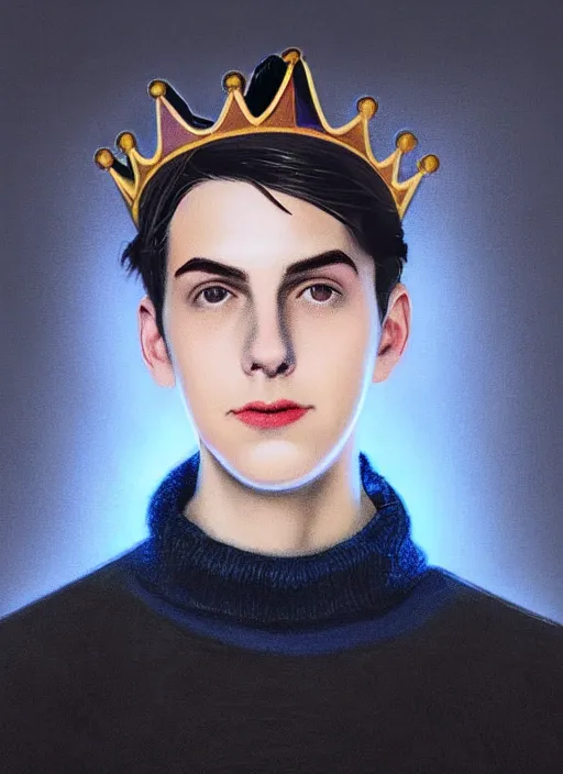 Image similar to portrait of teenage jughead jones wearing a light grey crown, crown, blue turtleneck, 1 9 5 0 s, closed eyes, photorealistic, black hair, glowing lighting, intricate, elegant, glowing lights, highly detailed, digital painting, artstation, concept art, smooth, sharp focus, illustration, art by wlop, mars ravelo and greg rutkowski