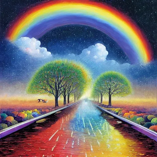 Image similar to rainbow road by james christensen, rob gonsalves, paul lehr, leonid afremov and tim white