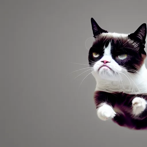 Prompt: photo of hyperspeed flying through outer space, grumpy cat running fast with motion blur