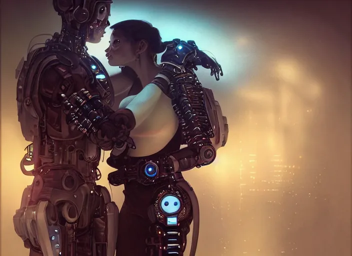 Image similar to ultra realistic medium shot of a couple of cyborgs kissing, lovers, romantic, cyberpunk, sci - fi, fantasy, kodak, colour led, soft light, volumetric lighting, fog, rays, night, intricate, highly detailed, digital painting, concept art, smooth, sharp focus, illustration, art by artgerm and greg rutkowski and alphonse mucha