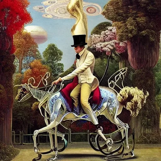 Prompt: an a gentleman in a top hat riding an extremely long and spindly mechanical horse in a futuristic!!! victorian city, oil painting, style of salvador dali and richard dadd!!!!, rococo lots of plants and flowers