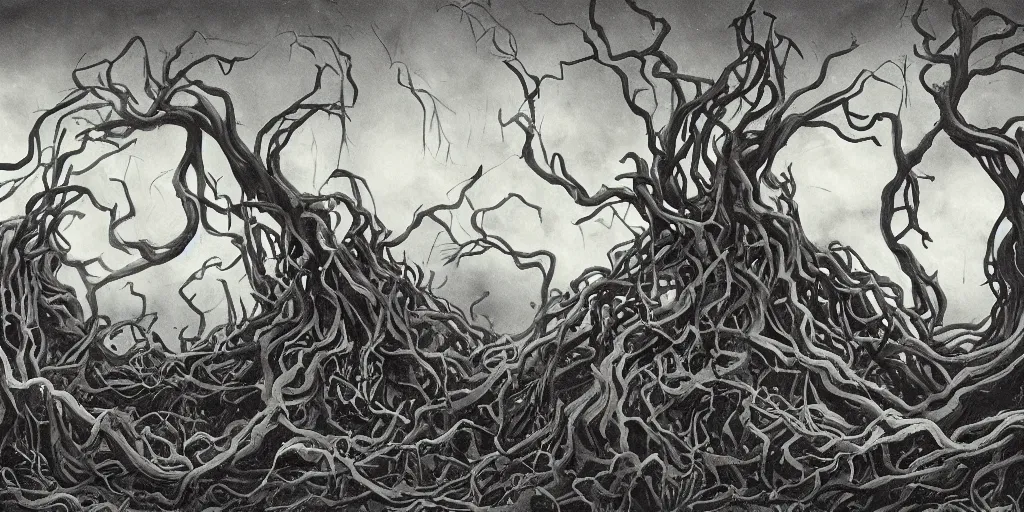 Image similar to a landcsape corrupted by a dark vine with numerous big thorns, painted in a surreal dark fantasy style