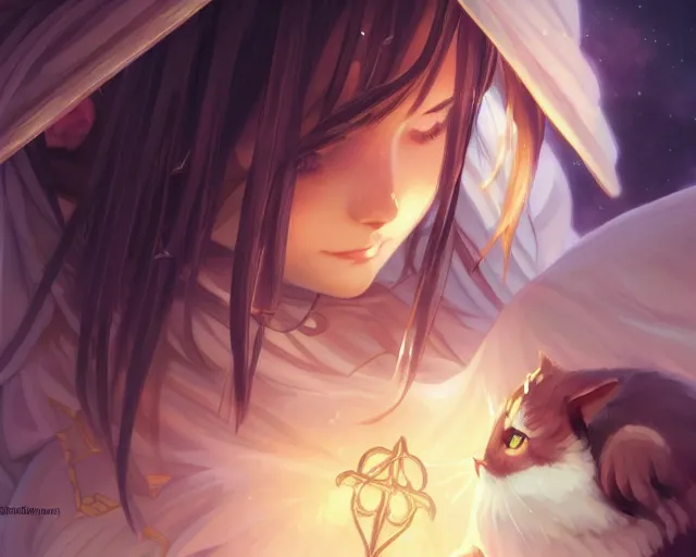 Image similar to photography of jesus christ being a cute anime cat girl, deep focus, d & d, fantasy, intricate, elegant, highly detailed, simple background, digital painting, artstation, concept art, matte, sharp focus, illustration, hearthstone, art by artgerm and greg rutkowski and alphonse mucha