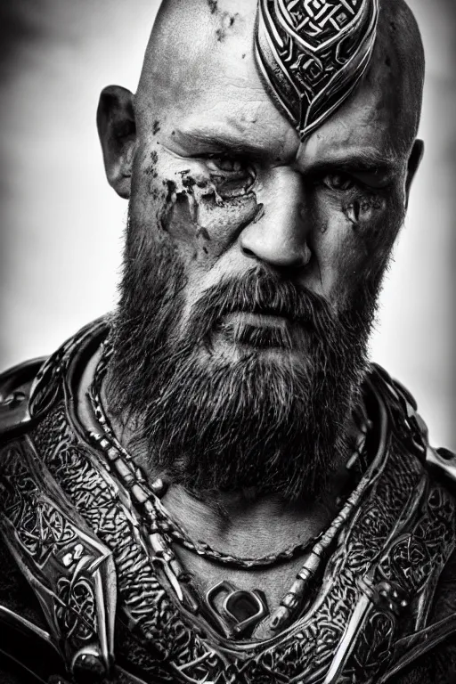 Prompt: a cinematic view of wide bw photo from a very ornated old odin mixed with thanos viking, shaved haircut, mexican mustache, showing celtic tattoos in the head, using leather armour with necklace of bones, naughty expression, photorealistic, volummetric light, depth of field, detailed, texturized, zeiss lens high professional mode