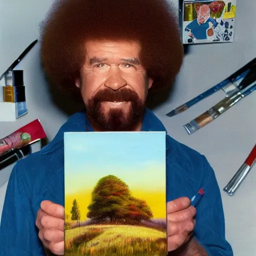Prompt: Bob Ross painting The Prodigy's fourth studio album cover Always Outnumbered, Never Outgunned, 4k