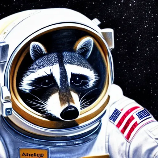 Image similar to a very detailed pencil drawing of a raccoon in an astronaut suit in space 4 k, high resolution, still, landscape, hd, dslr, hyper realistic, sketch