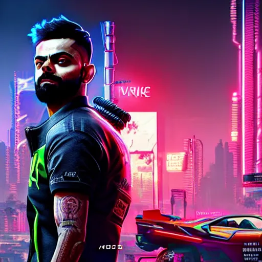 Image similar to Virat Kholi, in CyberPunk 2077, reimagined as a cyberpunk dystopia, 4k highly detailed digital art 4k highly detailed digital art