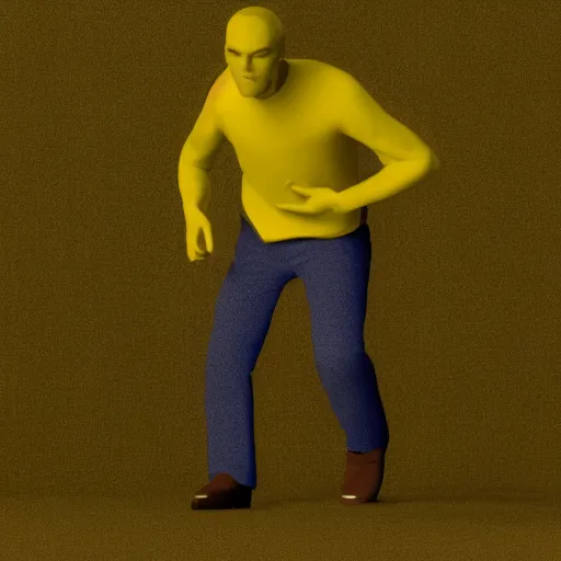 Image similar to 3 d render of jerma 9 8 5, jerma in a liminal space, non - euclidean space, endless halls of an office space, worn light mono - yellow 7 0 s wallpaper, old moist carpet, inconsistently - placed fluorescent lighting, high octane, blender, 3 d render