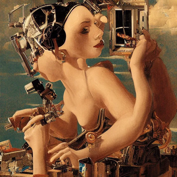 Image similar to robot artist painting a self - portrait on a canvas. intricate, highly detailed, digital matte painting, in the style of alexandros pyromallis, and in the style of hans thoma, and in the style of gil elvgren. irony, recursion, inspiration.