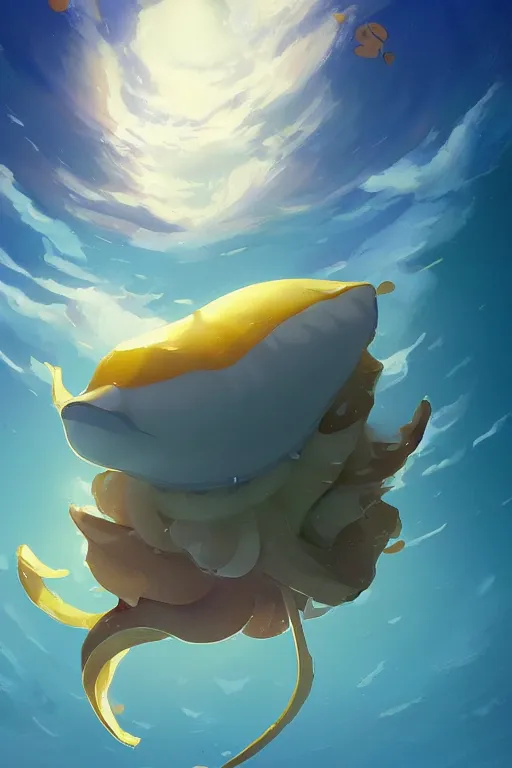 Image similar to a very cute sea slug with flying petals of gold, by rhads, makoto shinkai and lois van baarle, johannes voss, low angle fisheye view, eerie night mist sky whith plump white clouds, elegant, highly detailed, artstation, 8 k, unreal engine, hdr, concept art, volumetric lighting matte