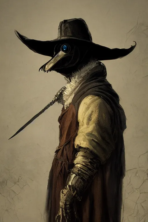 Image similar to A fancy portrait of a 1300's Plague Doctor by Greg Rutkowski, Sung Choi, Mitchell Mohrhauser, Maciej Kuciara, Johnson Ting, Maxim Verehin, Peter Konig, Bloodborne, 8k photorealistic, cinematic lighting, HD, high details, dramatic, dark atmosphere, trending on artstation