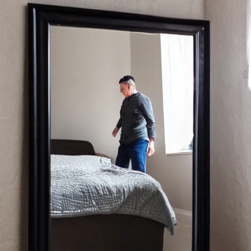 Image similar to a man walks out of his bedroom mirror