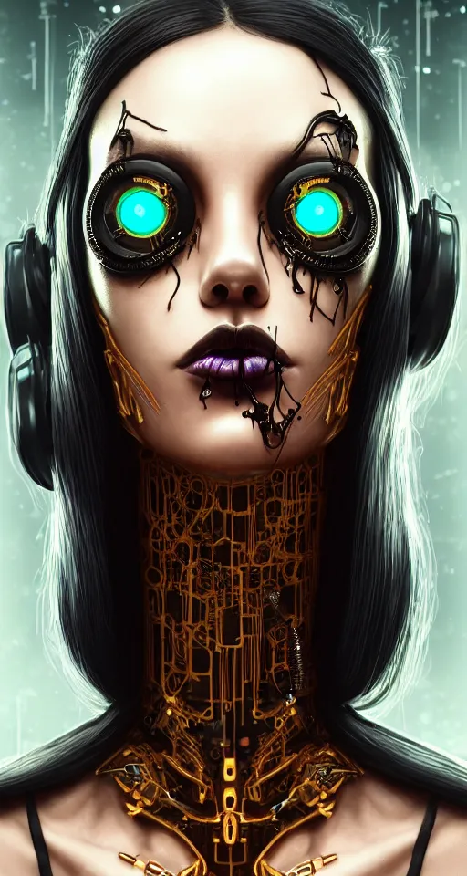 Prompt: soft lustrous ebony dark biotech raver gothic cyborg gutter punk, earbuds, golden ratio, details, scifi, fantasy, cyberpunk, intricate, decadent, highly detailed, digital painting, octane render, artstation, concept art, smooth, sharp focus, illustration, art by artgerm, loish, wlop