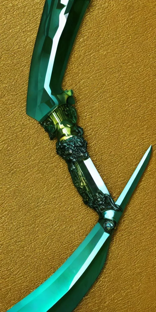Image similar to photograph of a wide green and teal crystal sword blade attached to a big gold sword hilt