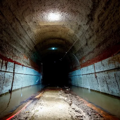 Prompt: a partially flooded tunnel that has machinery and pipes along the walls, dark, scary, horror, eerie, submechanophobia,