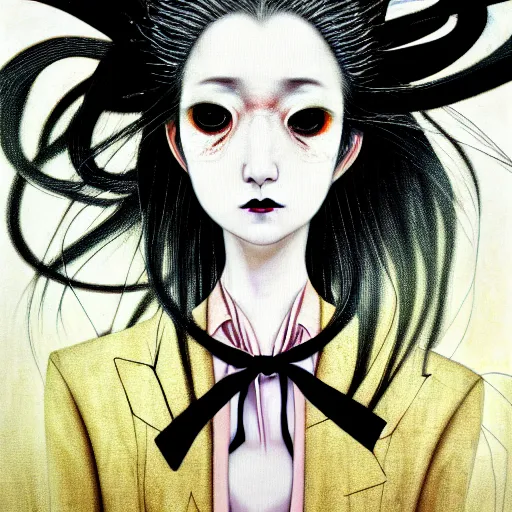 Prompt: yoshitaka amano blurred and dreamy realistic three quarter angle portrait of a woman with long white hair, black eyes and black lipstick wearing dress suit with tie, junji ito abstract patterns in the background, satoshi kon anime, noisy film grain effect, highly detailed, renaissance oil painting, weird portrait angle, blurred lost edges